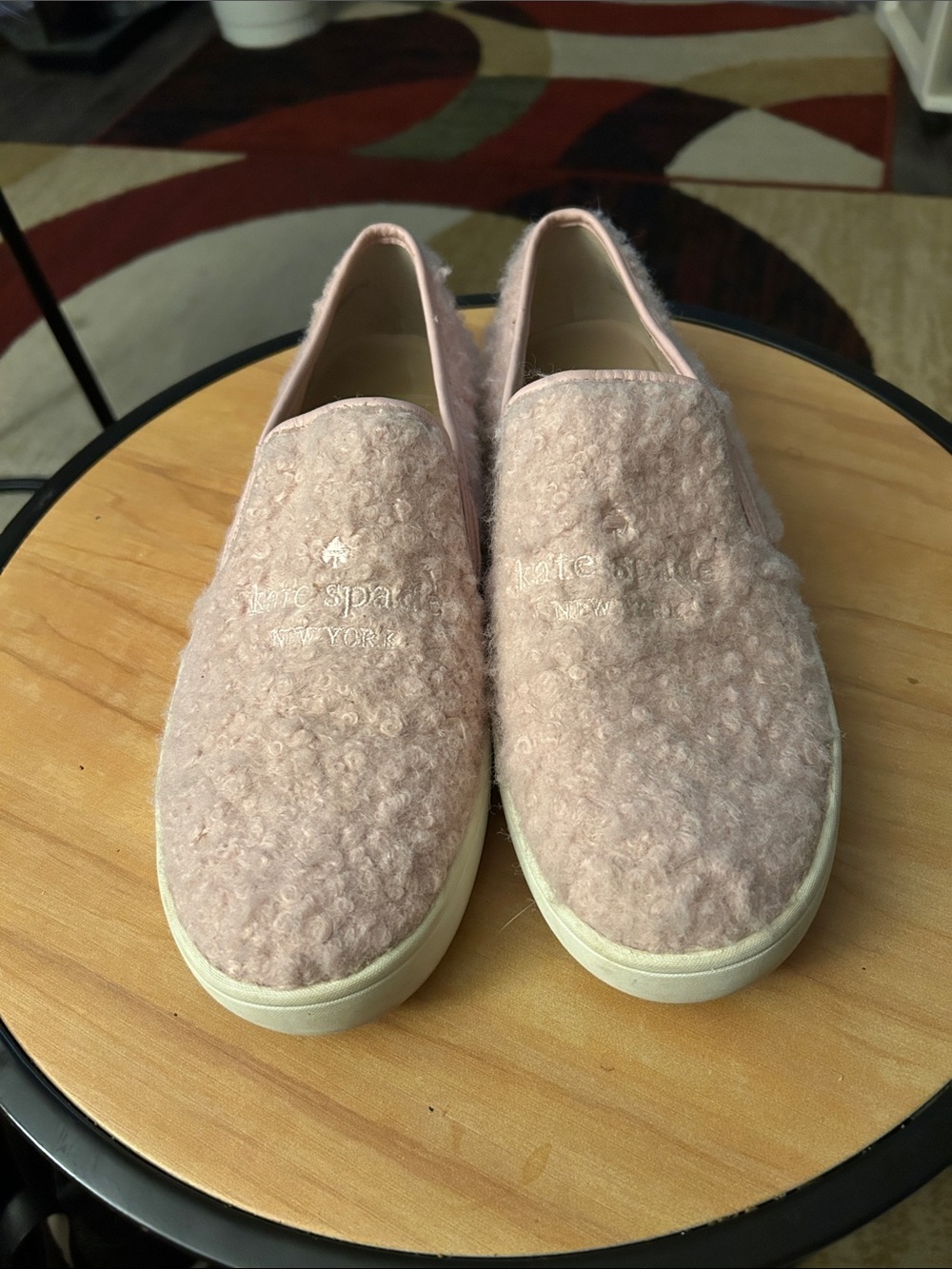 kate spade blush pink fuzzy slip-on sneakers
